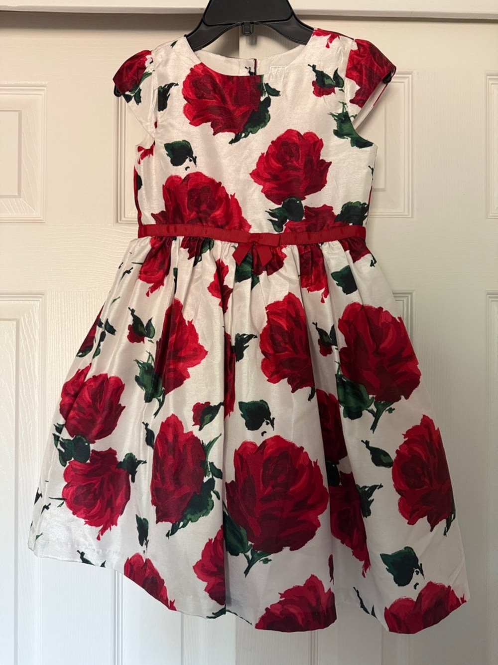 Gymboree White Dress with Red Rose Print and Green Leaves